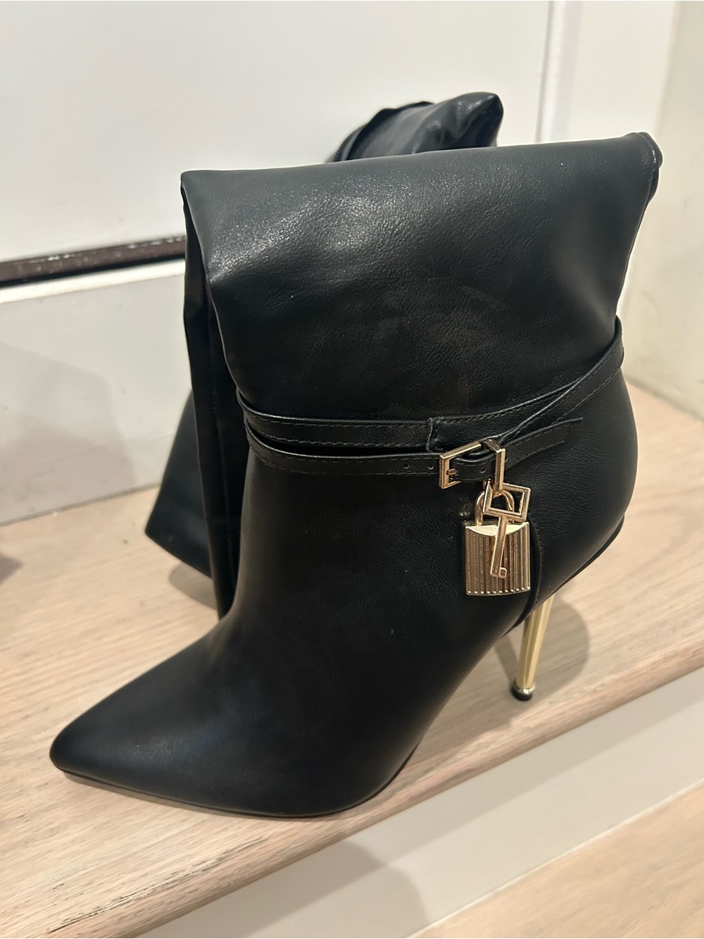 Black Pointed Stiletto Ankle Boots with Gold Padlock Charm